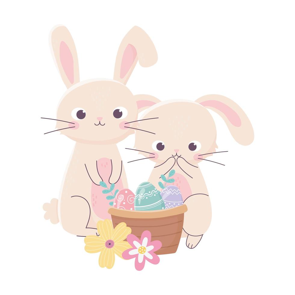 happy easter day, cute rabbits eggs in basket flowers nature vector