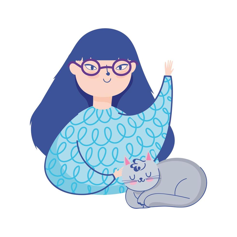 young woman with eyeglasses and gray cat isolated image vector