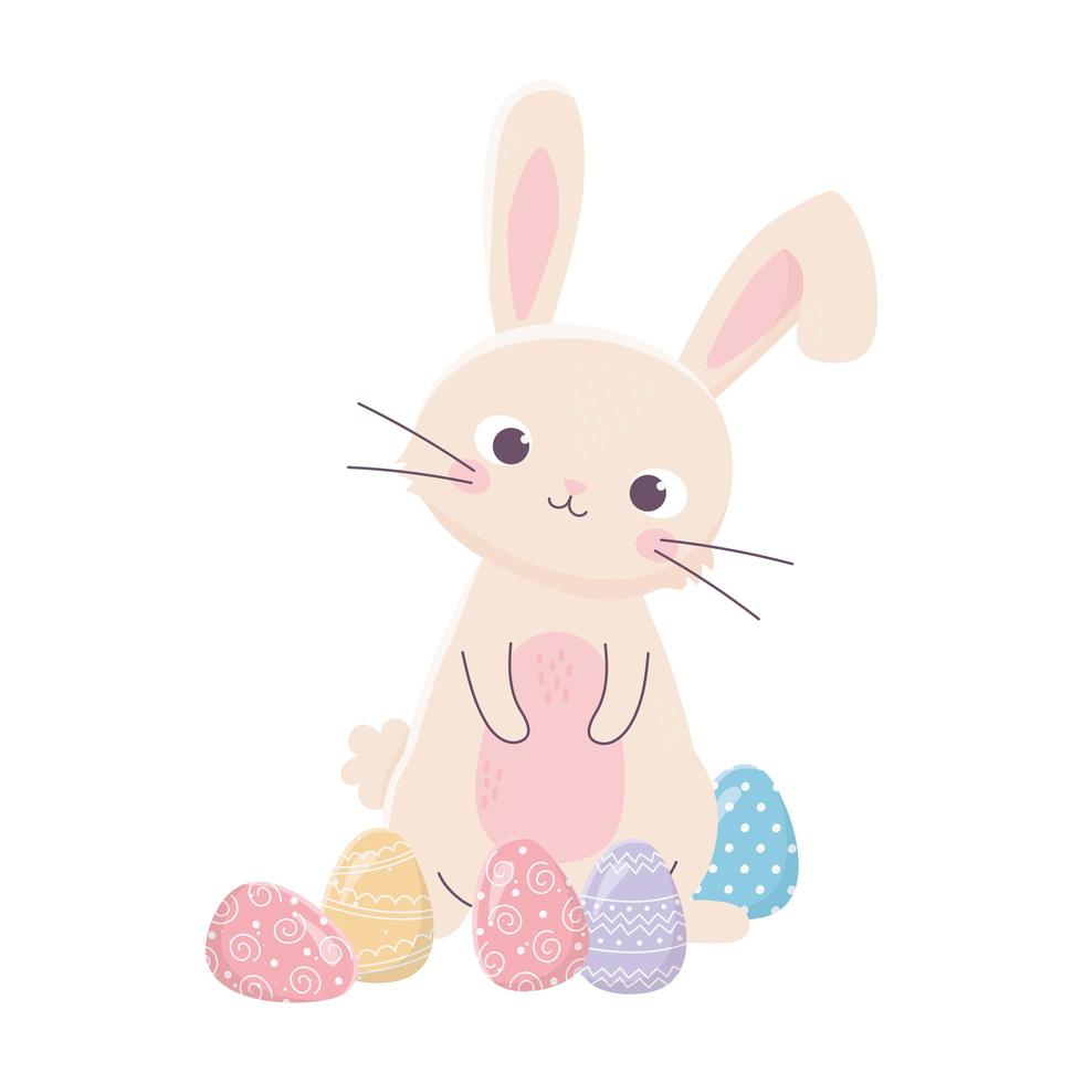 feliz día de pascua, lindo conejo huevos delicados decoración dibujos animados vector