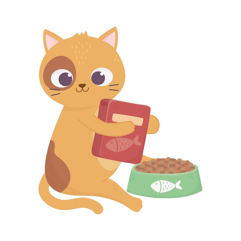 cats make me happy, cute cat with food box and bowl vector