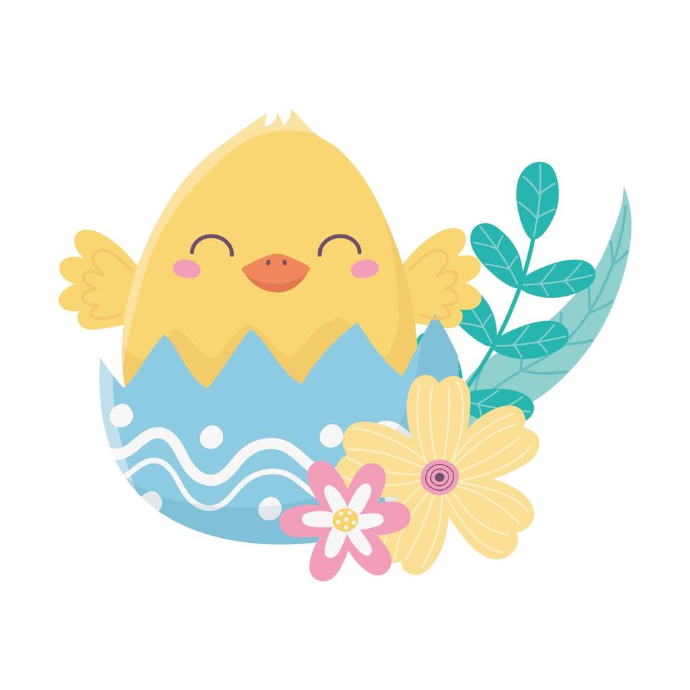 happy easter day, chicken eggshell flowers leaves decoration card vector