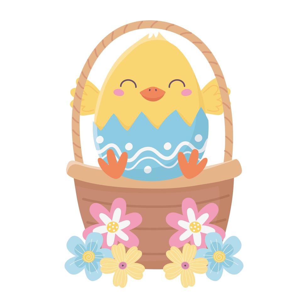 feliz día de pascua, pollo en cáscara de huevo, cesta, flores, decoración vector