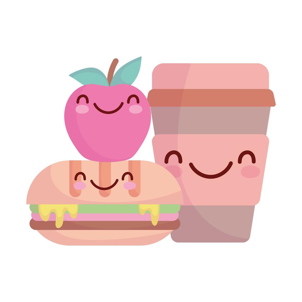 sándwich de manzana y taza menú personaje dibujos animados comida lindo vector