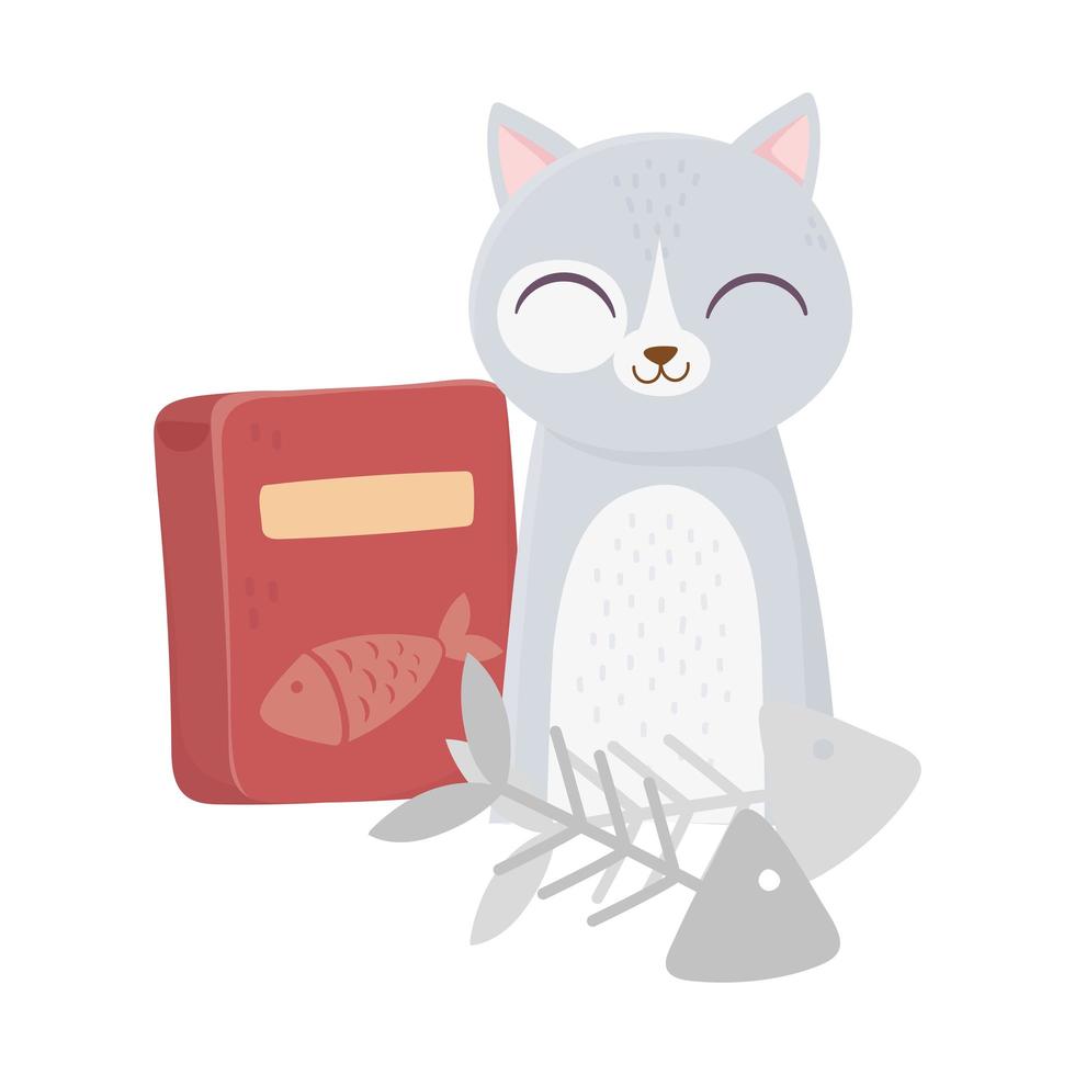 cats make me happy, cute cat with fishbones and food box cartoon vector