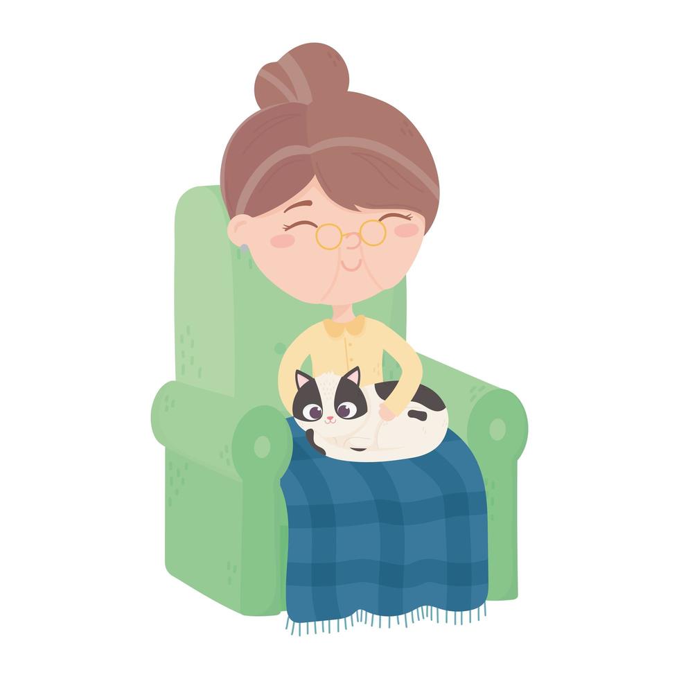 cats make me happy, old woman sitting with blanket and cat in sofa vector