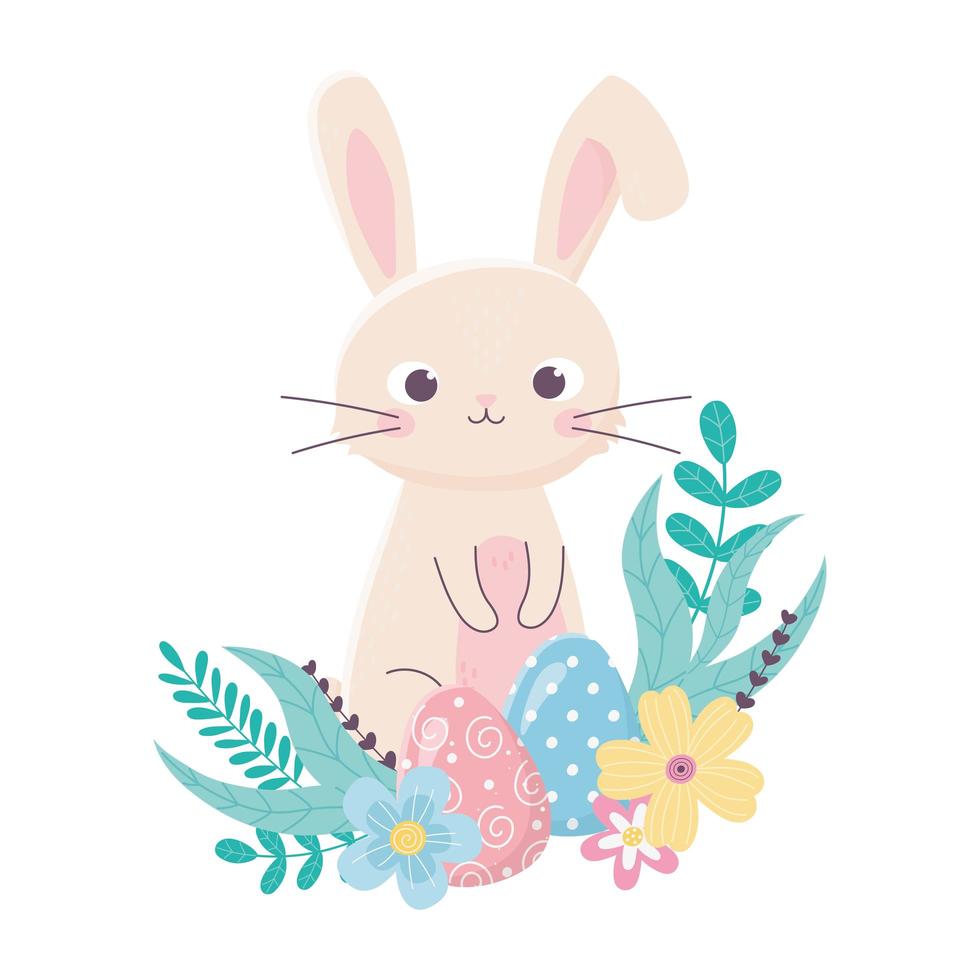 happy easter cute rabbit and eggs flowers foliage cartoon vector