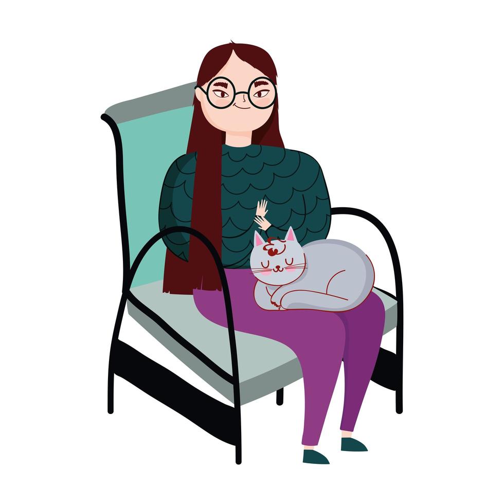 mujer joven, sentado, en, silla, con, gato, caricatura vector