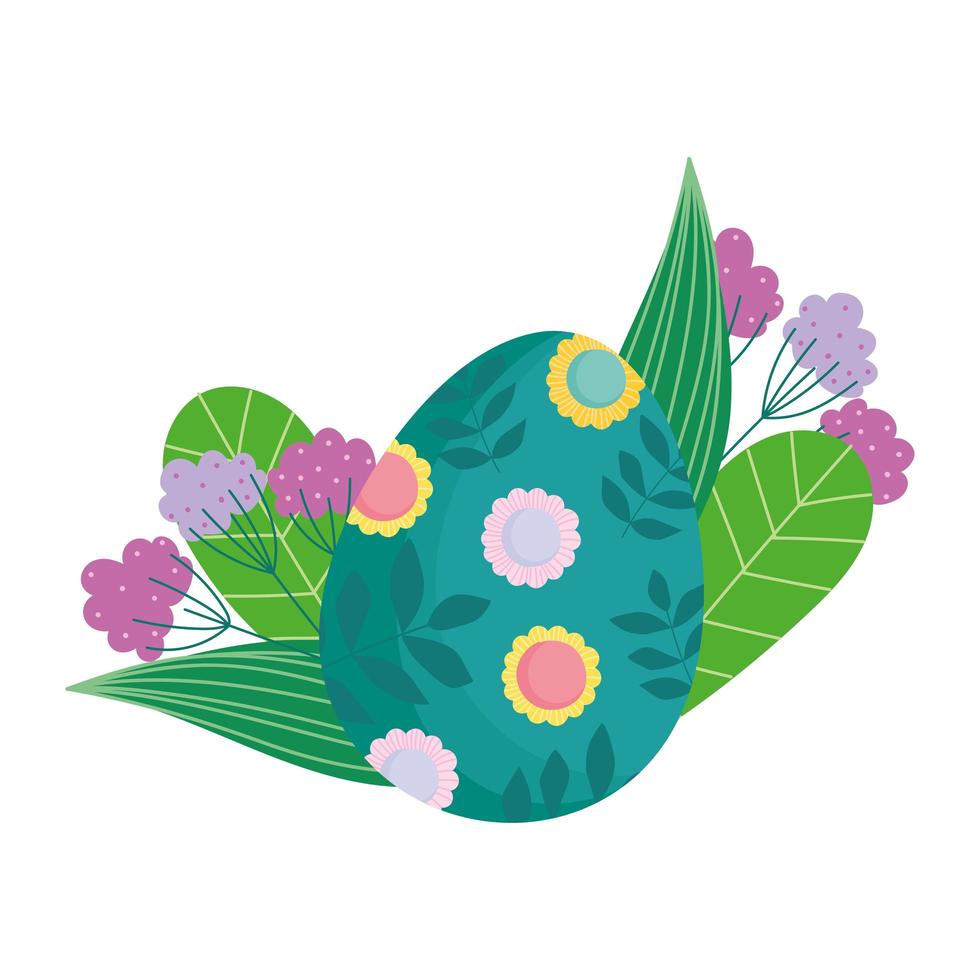 feliz huevo de pascua verde decorado con flores y hojas de follaje vector