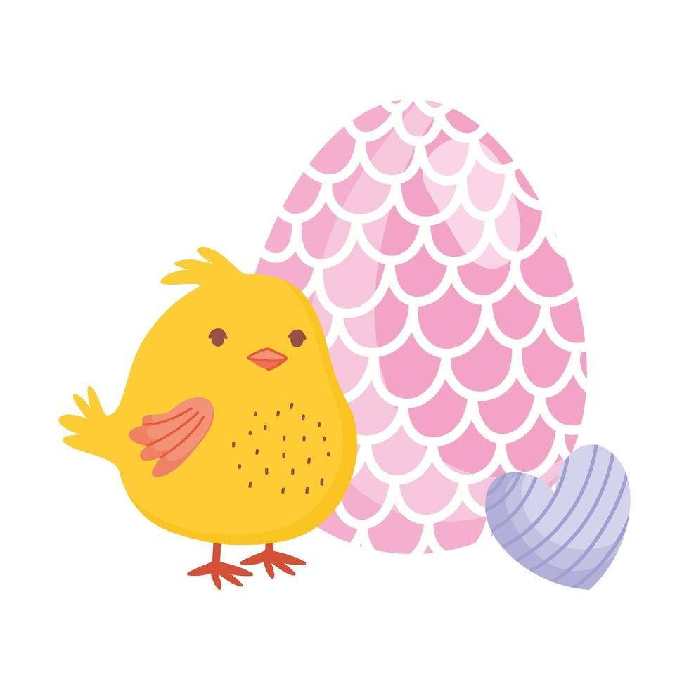 happy easter chicken with egg and heart decoration vector