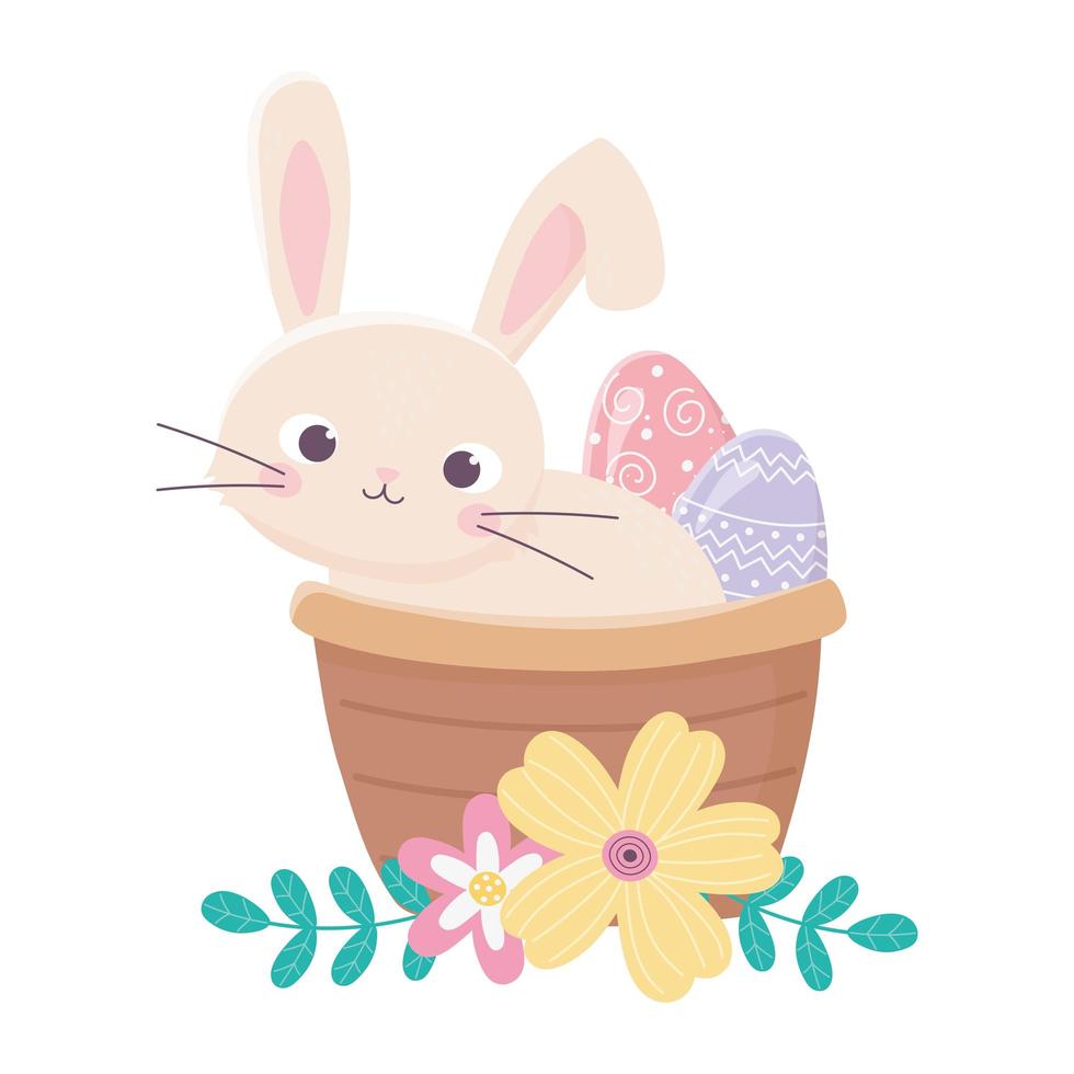 feliz día de pascua, conejo en canasta pintado huevo flores decoración vector