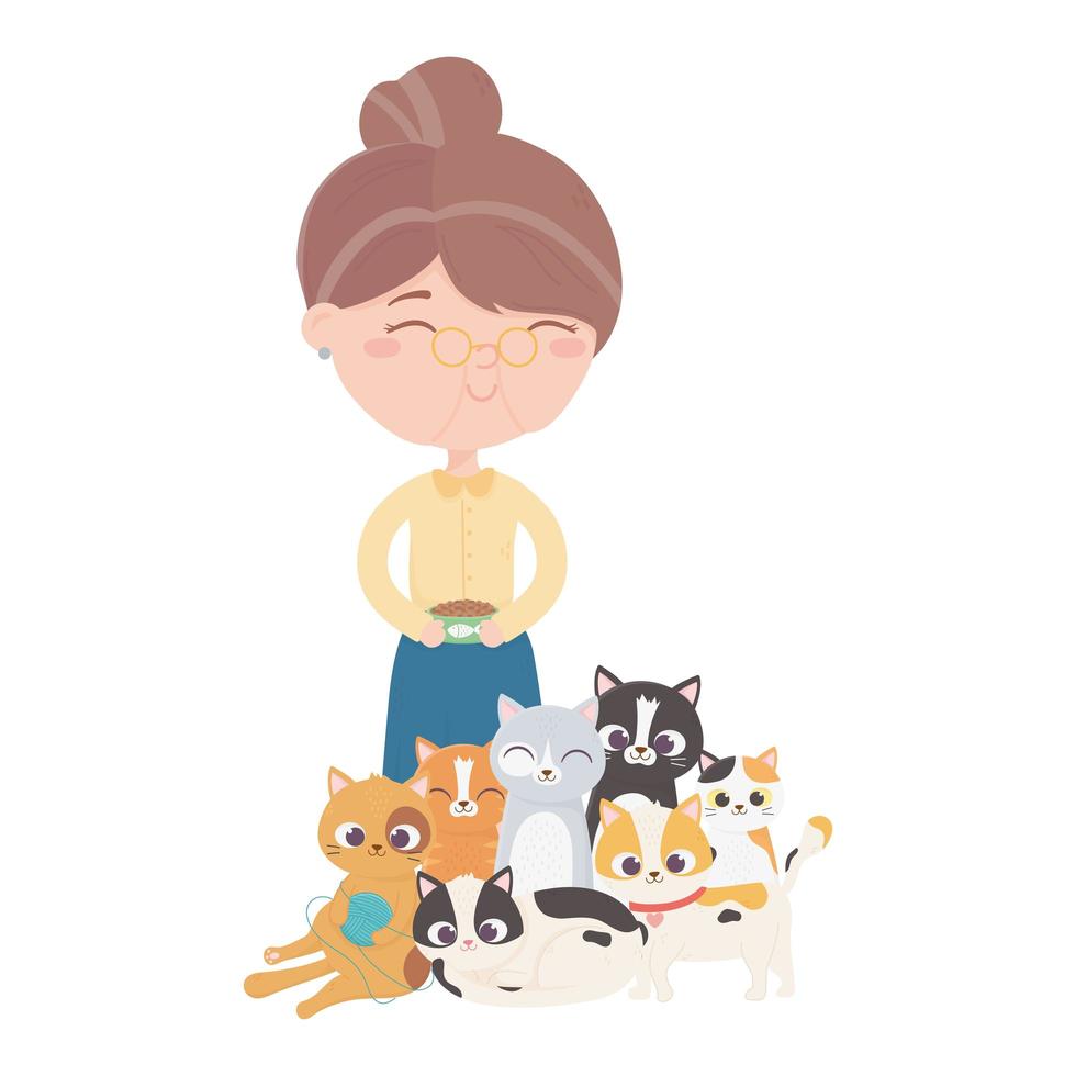 cats make me happy, old woman with food and kittens cartoon vector