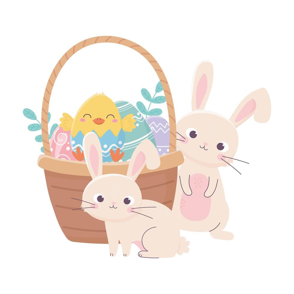 happy easter rabbits chicken in basket with eggs in grass vector