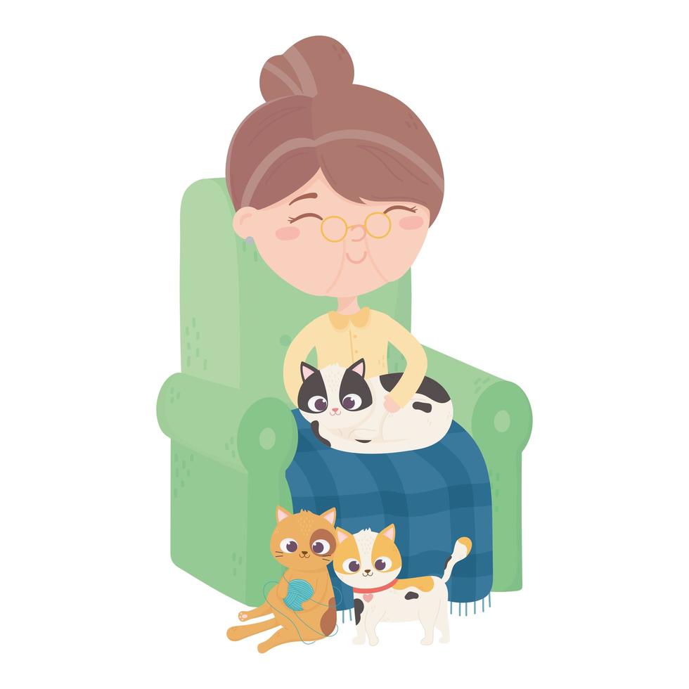 cats make me happy, old woman sitting with kittens in sofa vector