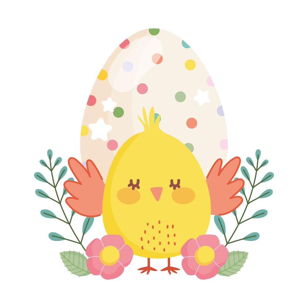 happy easter little chicken dotted egg flowers decoration cartoon vector