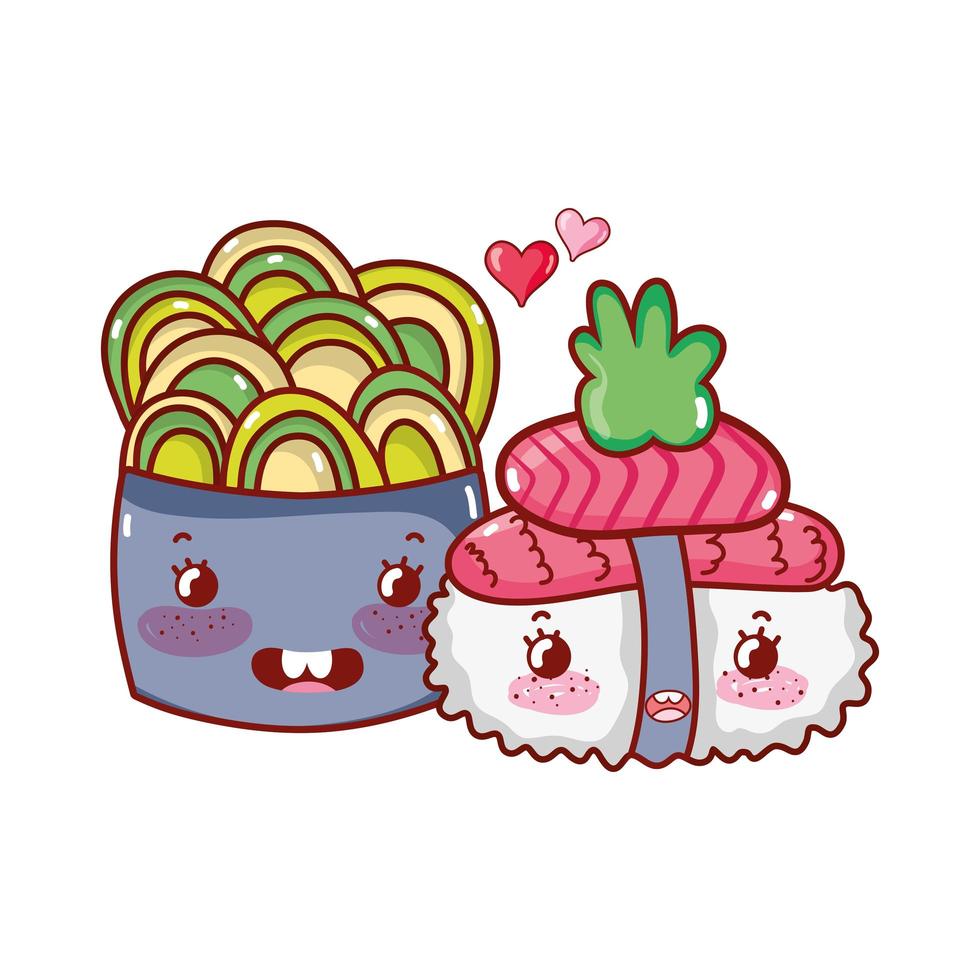 kawaii sushi and salad salmon wasabi food japanese cartoon, sushi and rolls vector