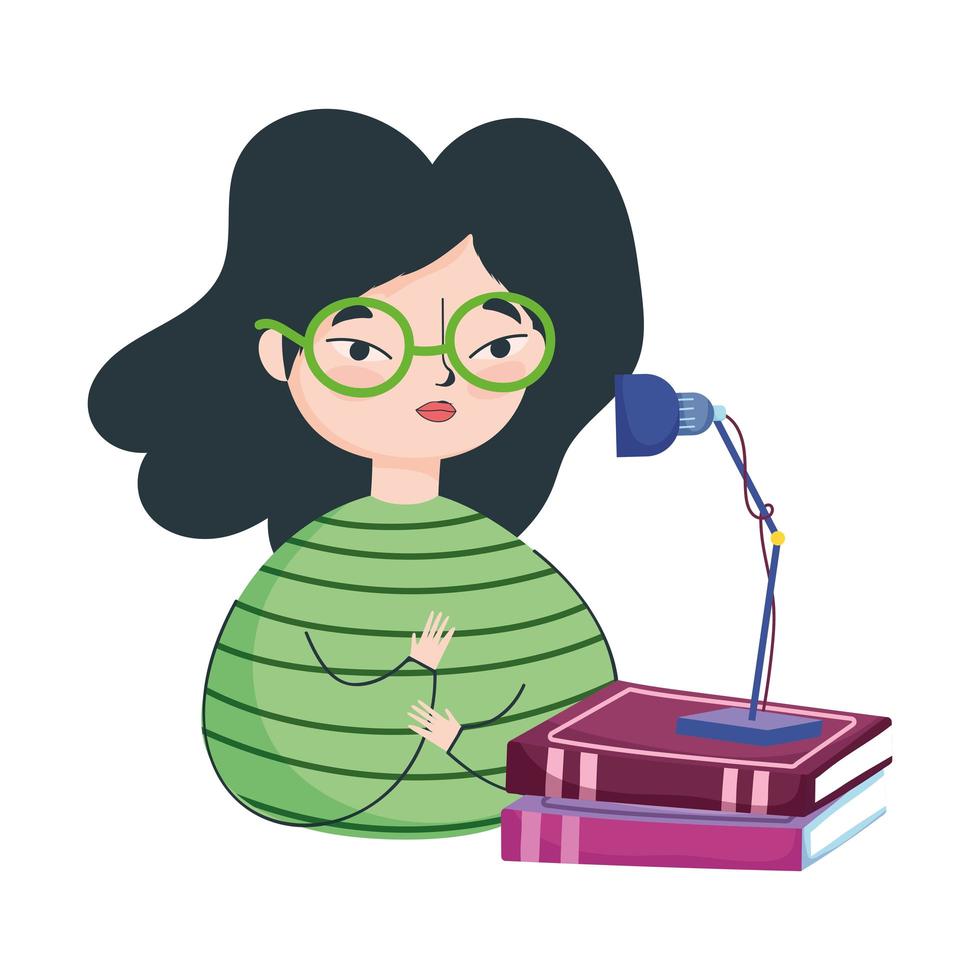 young woman with stack books and lamp, book day vector