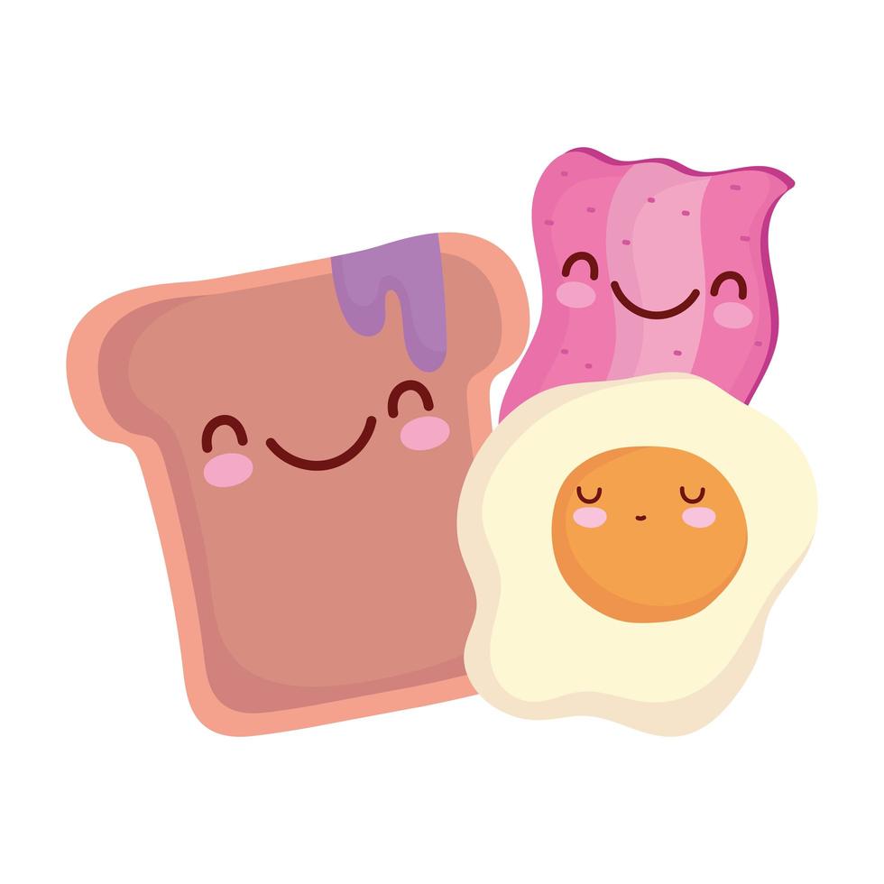 tocino huevo frito y pan con mermelada menú personaje dibujos animados comida linda vector