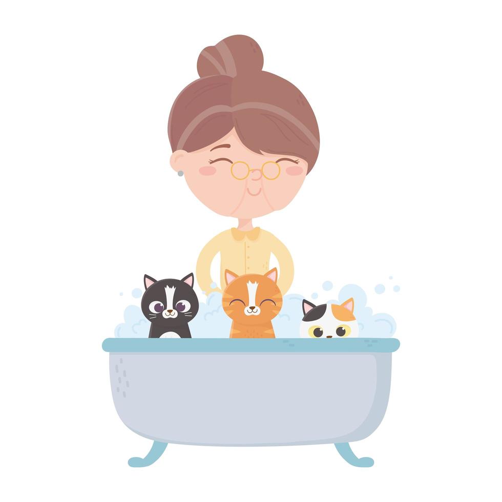 cats make me happy, old woman cat and kitten in bathtub vector