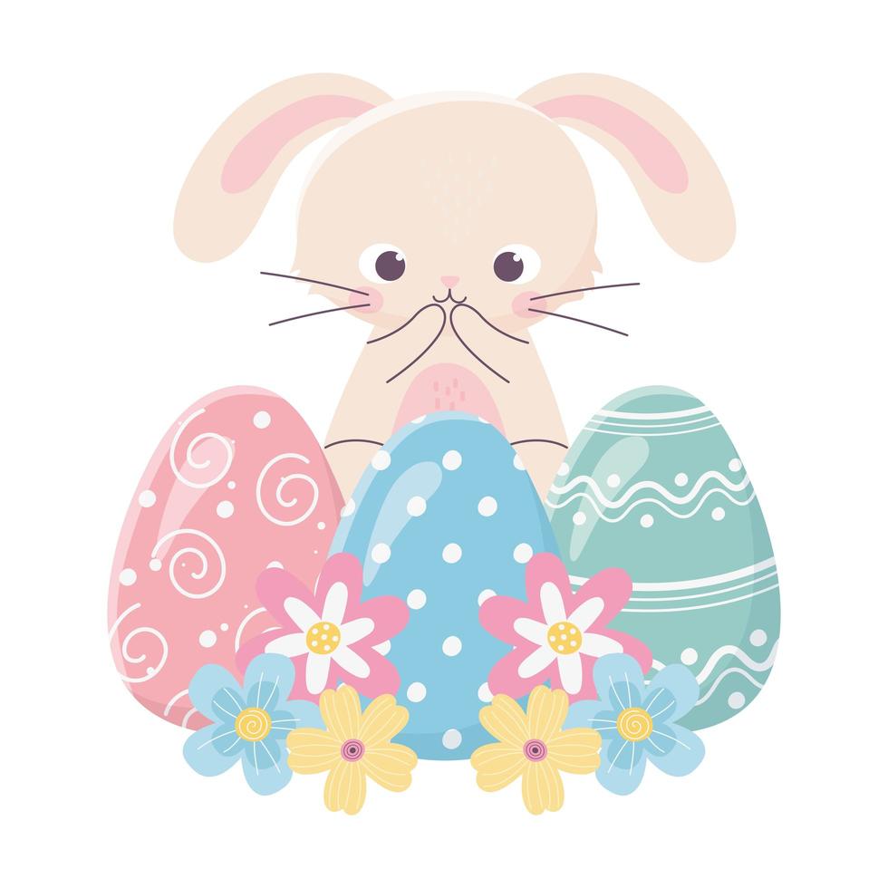 feliz día de pascua, lindo conejo huevos delicados flores vector