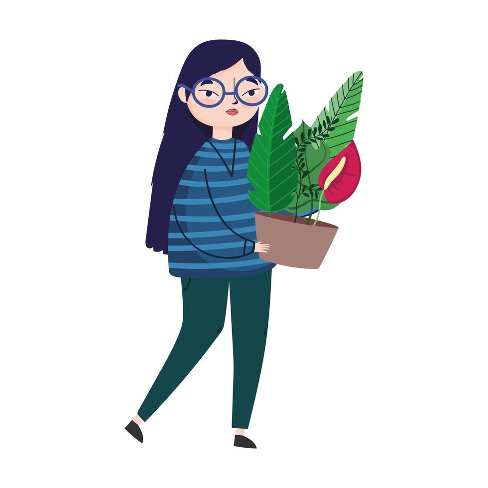 mujer joven, proceso de llevar, planta en maceta, decoración floral vector