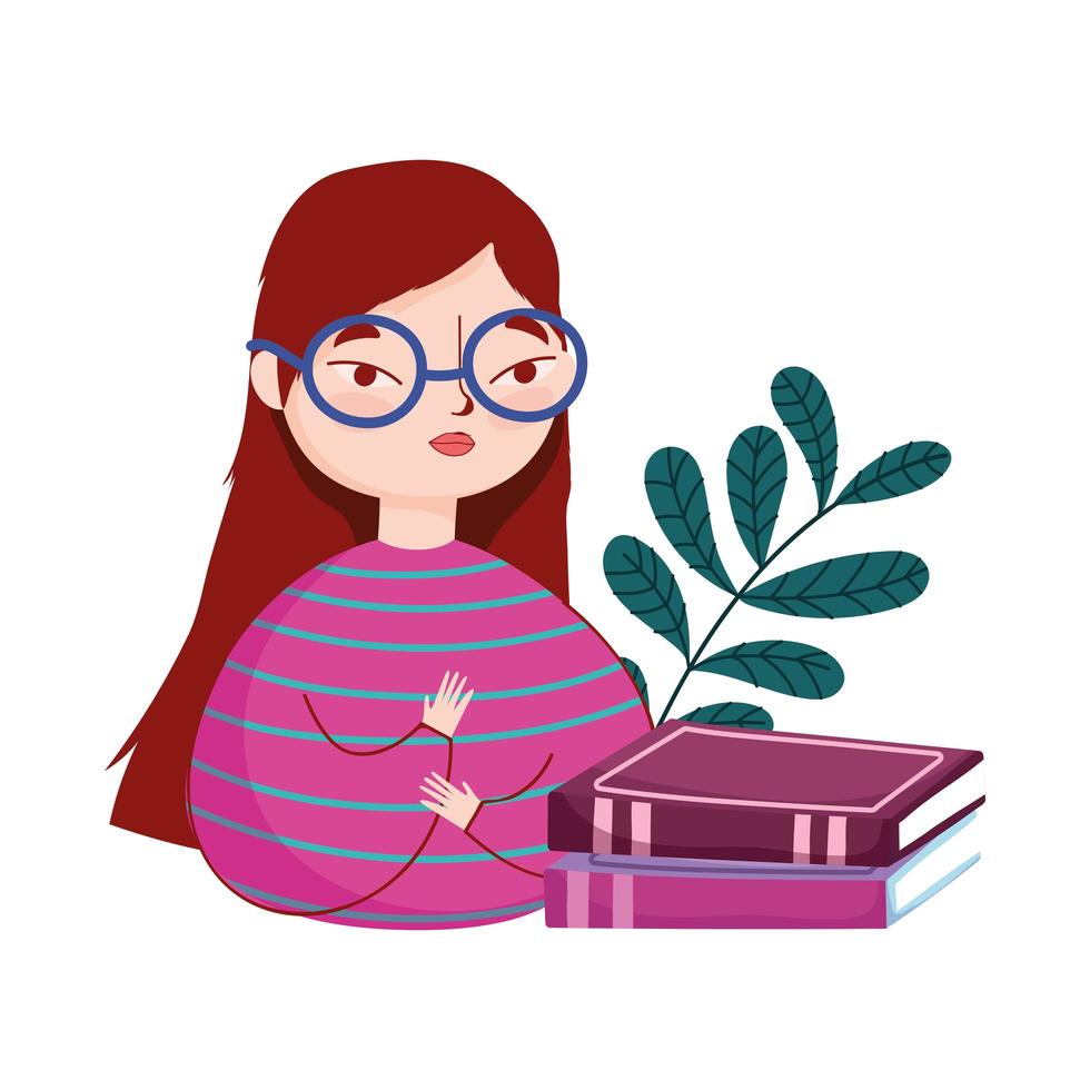 mujer joven con gafas y libros apilados rama naturaleza, día del libro vector