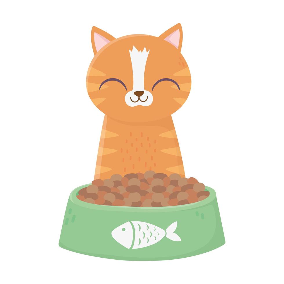 cat sitting with bowl food cartoon vector