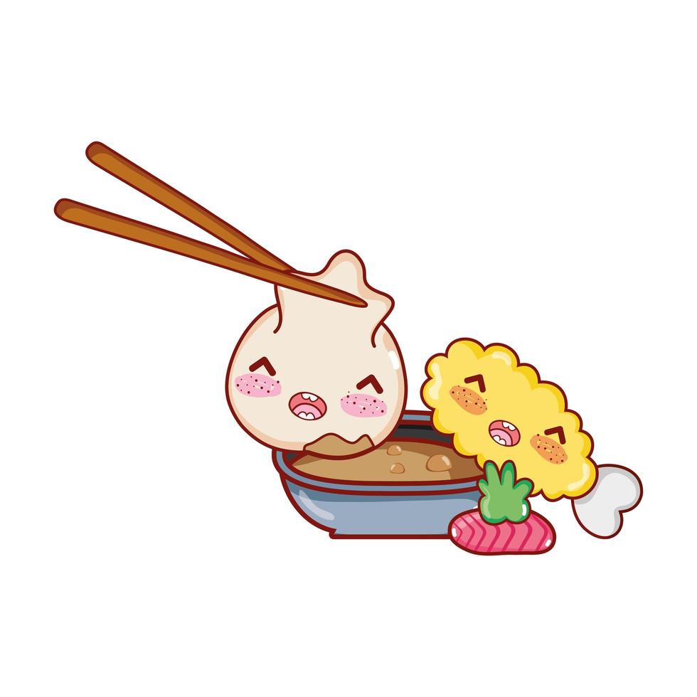 kawaii dumpling in sticks sauce tempura wasabi food japanese cartoon , sushi and rolls vector