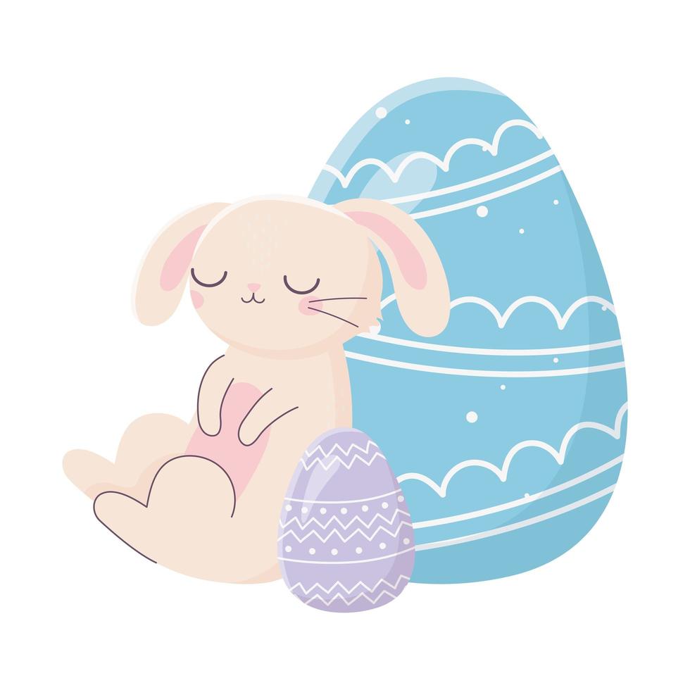 feliz día de pascua, conejo rosa decorativos huevos azules y morados dibujos animados vector