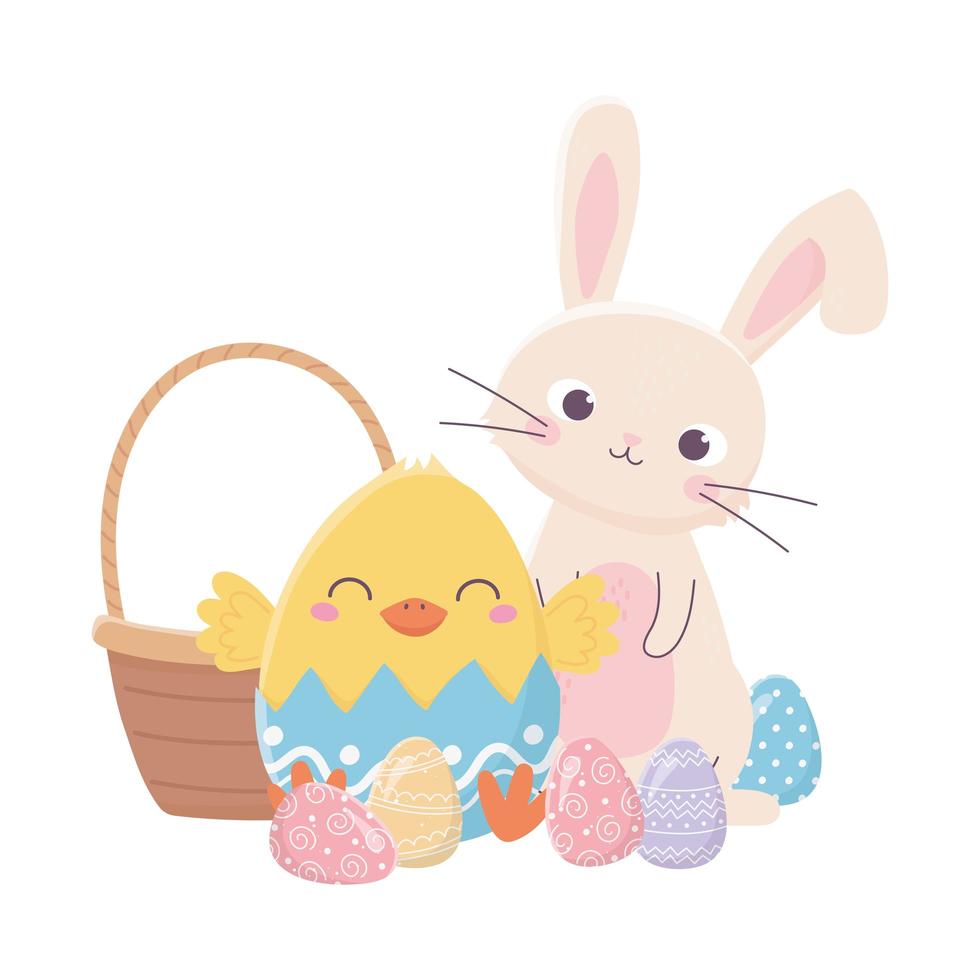 happy easter day, rabbit chicken in eggshell basket eggs decoration vector