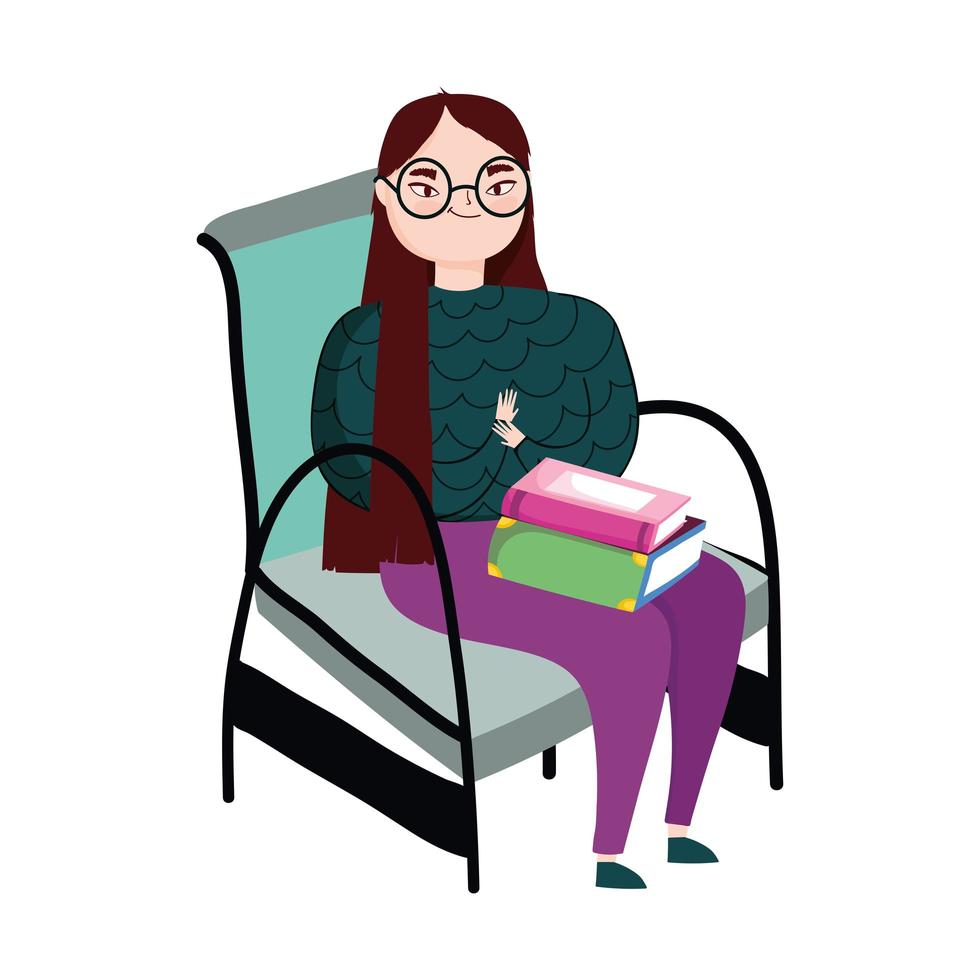 young woman sitting with books in legs, book day vector