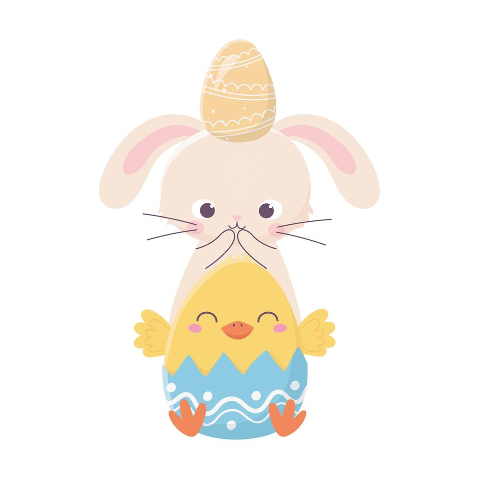 happy easter day, rabbit with egg in head and chicken in eggshell nature vector