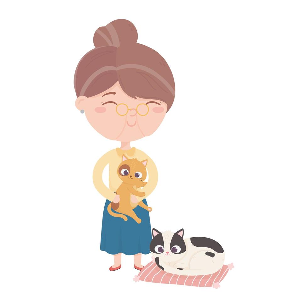 cats make me happy, old woman carrying cat and kitten in carpet vector