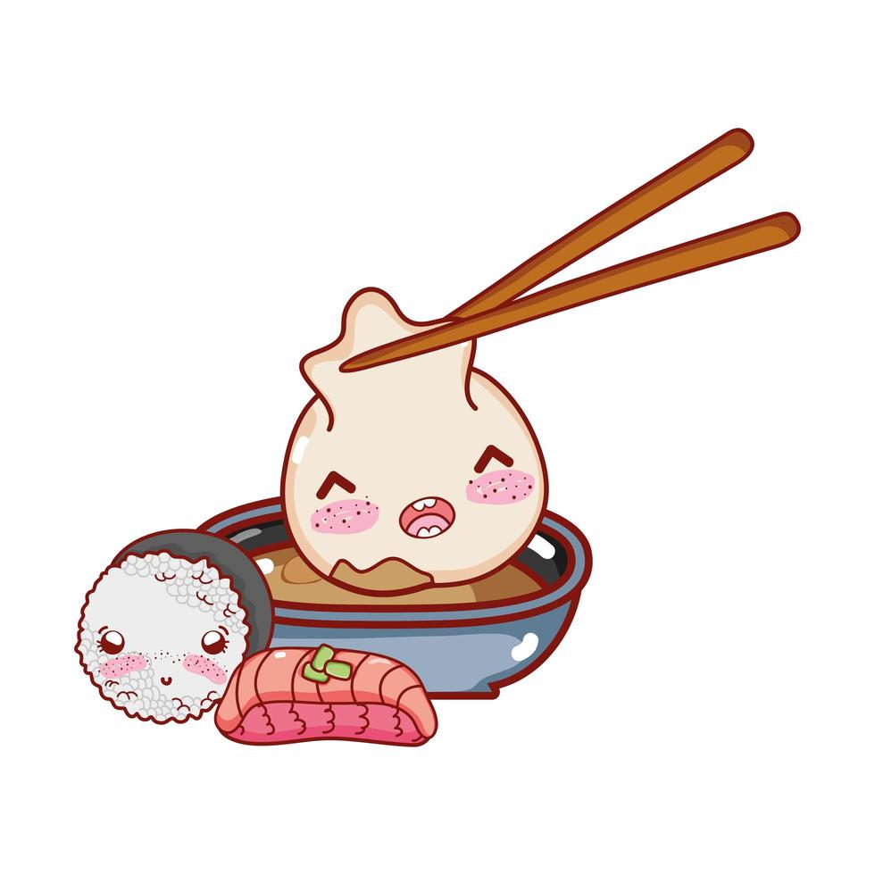 kawaii with dumpling in sauce rice and fish food japanese cartoon, sushi and rolls vector