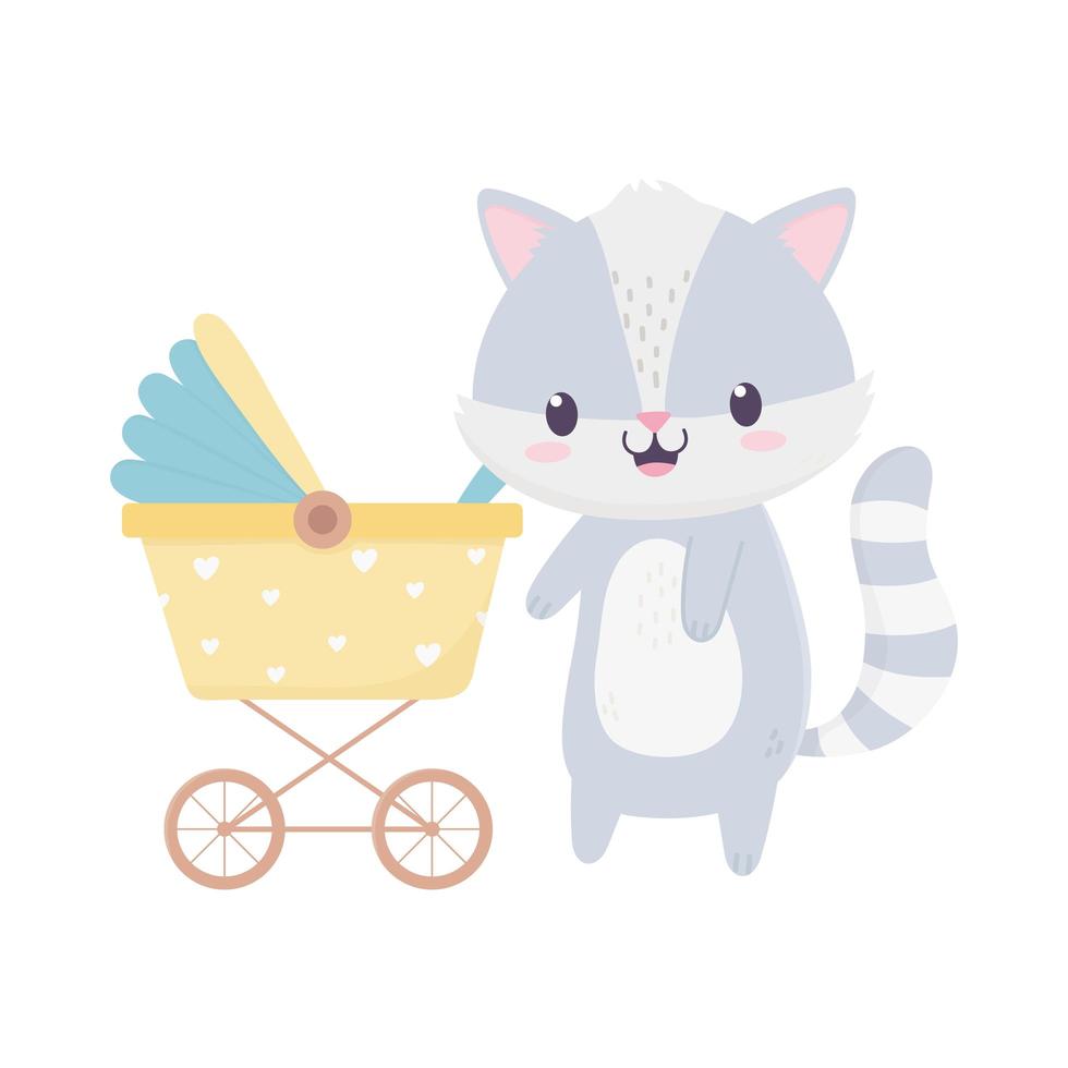 baby shower raccoon stroller card cartoon decoration vector