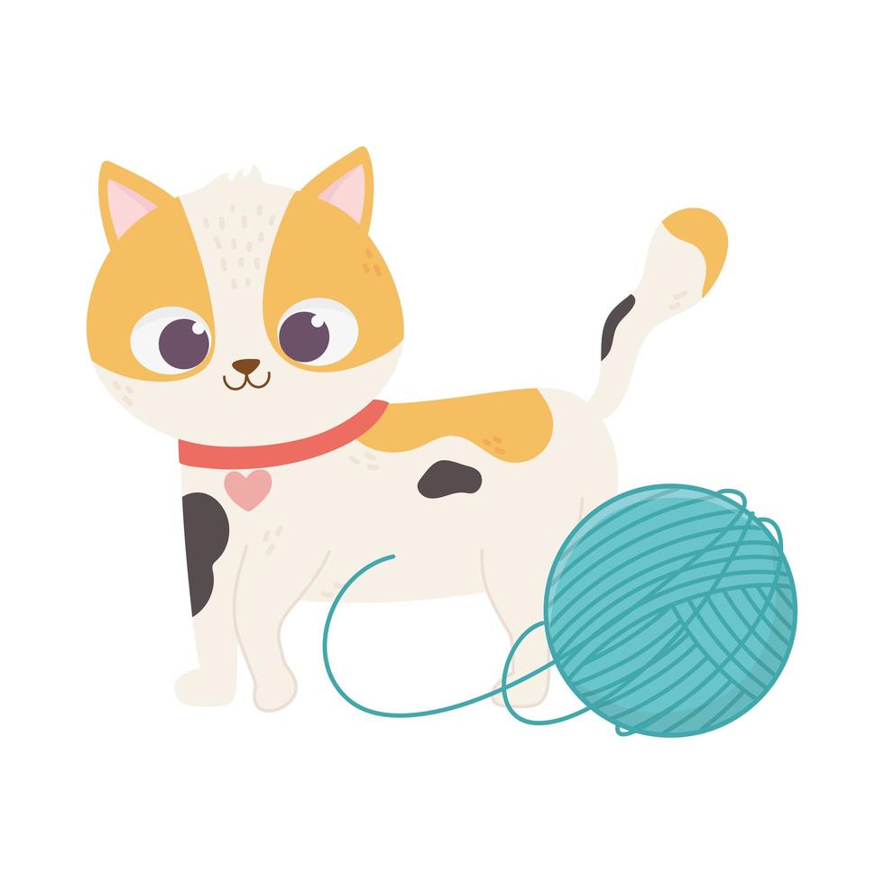 cats make me happy, cute spotted cat with ball wool vector