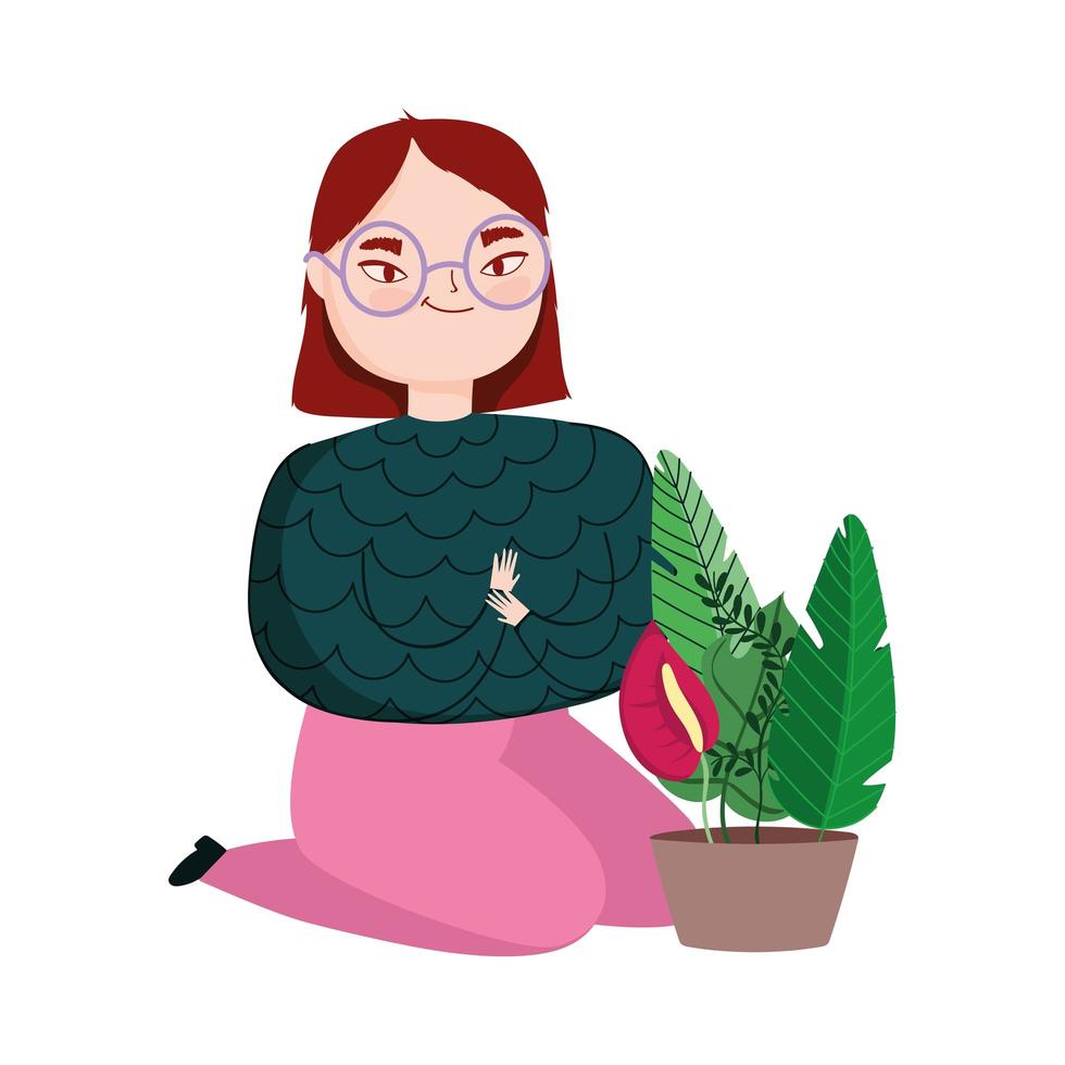 mujer joven, de rodillas, con, planta en maceta vector