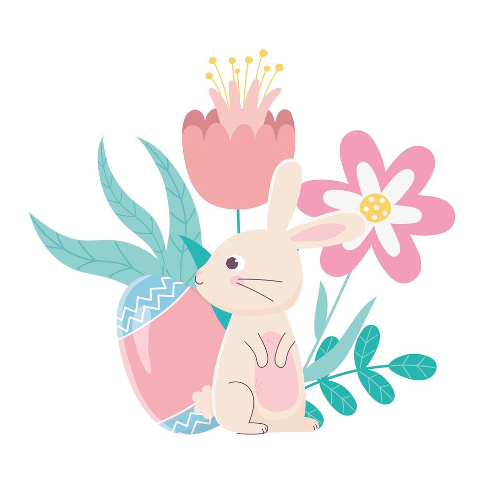 feliz día de pascua, huevo de conejo flores folaige deja decoración vector