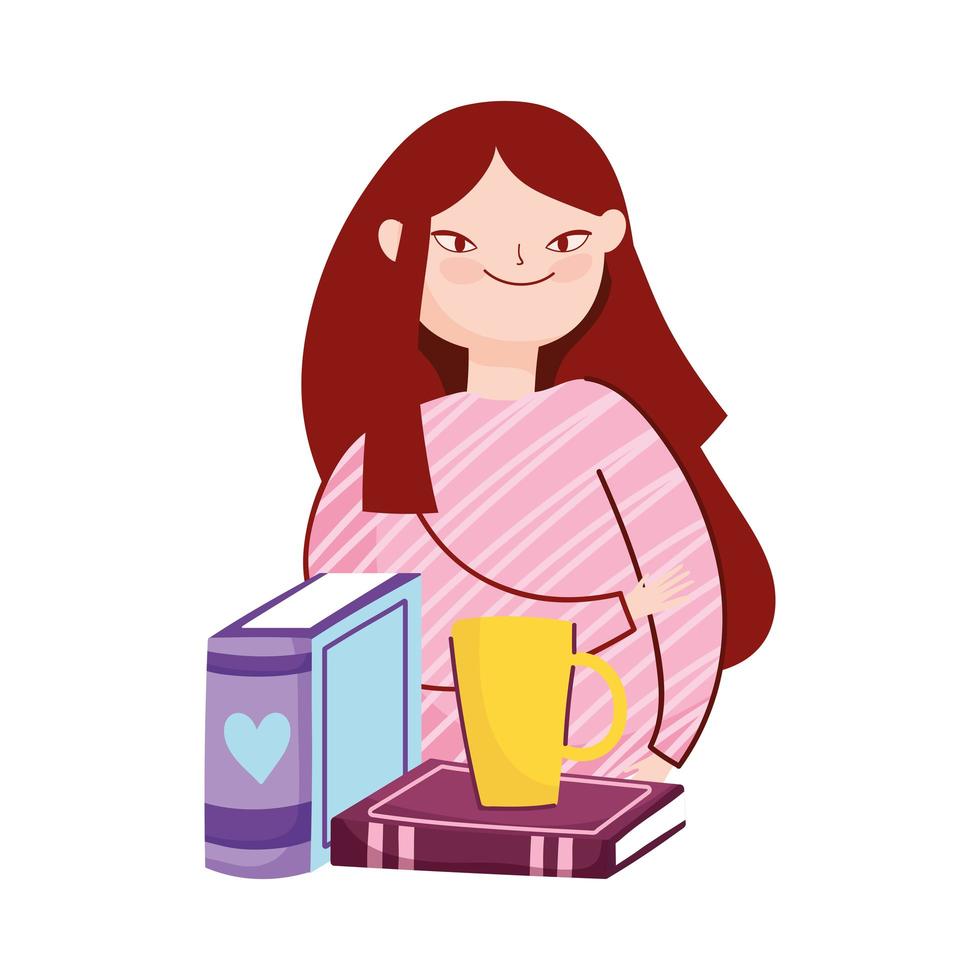 young woman long hair with books and coffee cup, book day vector