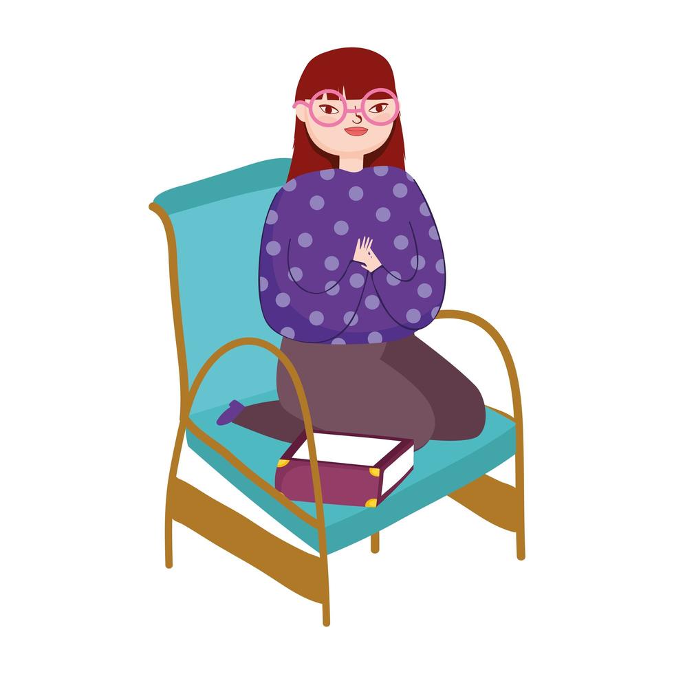 young woman sitting in chair book cat and wall, book day vector