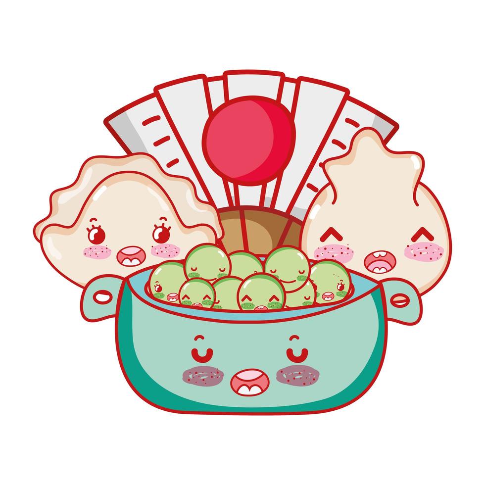 kawaii dumplings peas in bowl and fan food j japanese cartoon, sushi and rolls vector