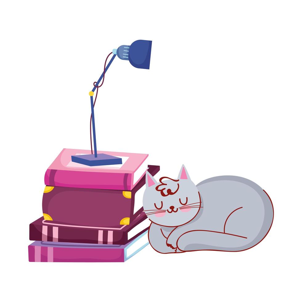 cat sleeping stack books and lamp, vector