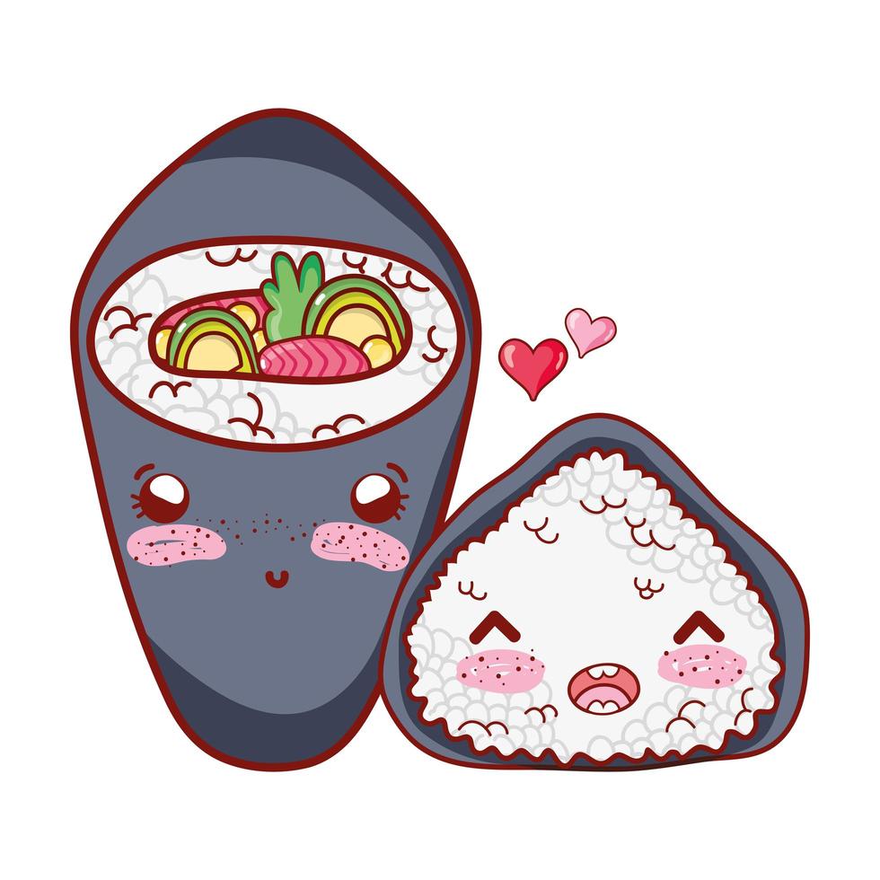 temaki kawaii y rollo de arroz aman la comida dibujos animados japoneses, sushi y rollos vector