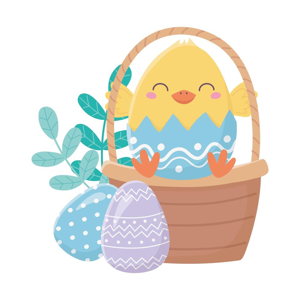 feliz día de pascua, pollo en cáscara de huevo, cesta, huevos, decoración vector