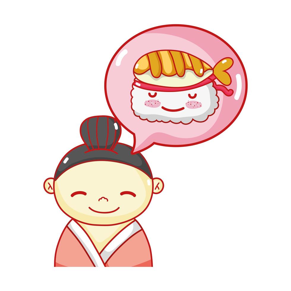geisha sushi comida kawaii dibujos animados japoneses, sushi y rollos vector
