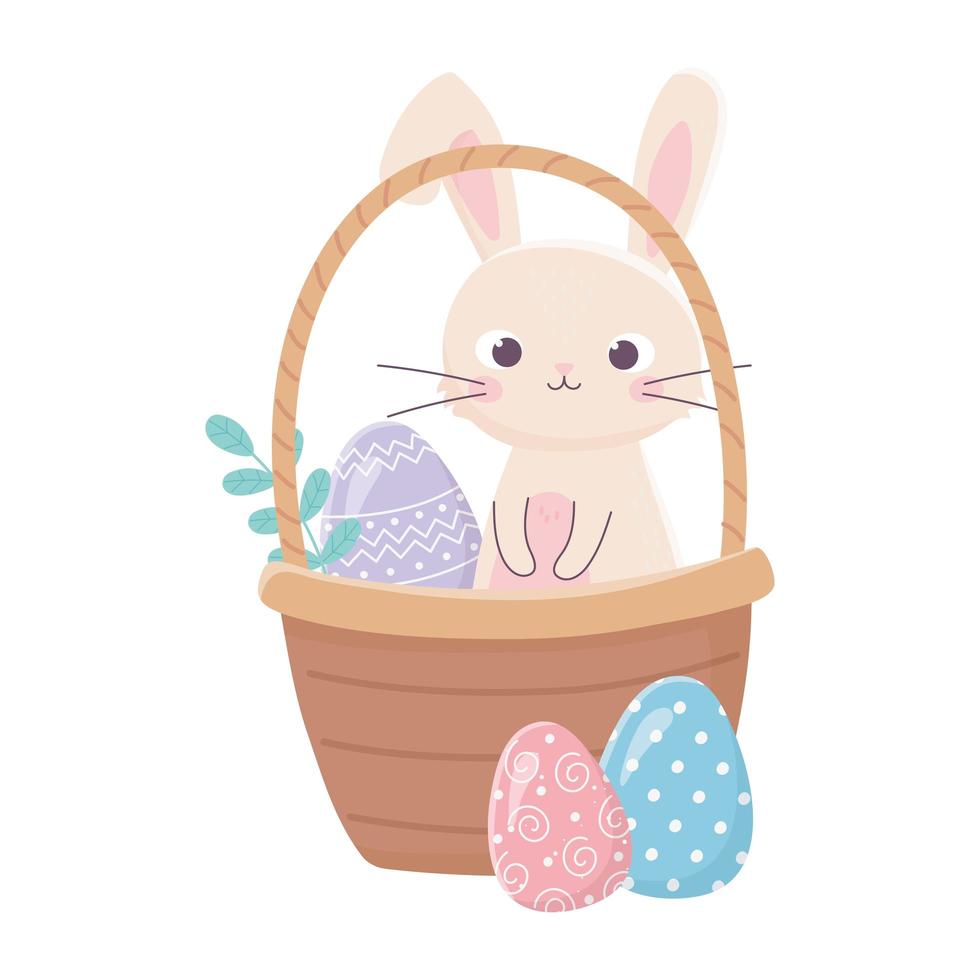 feliz día de pascua, conejo en canasta con huevo deja hierba vector