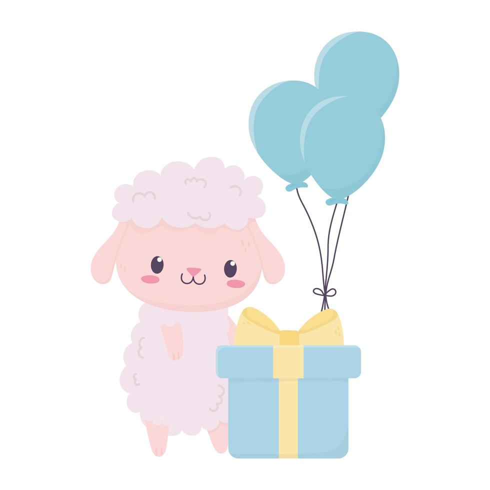 feliz cumpleaños linda oveja con regalo y globos dibujos animados de animales vector