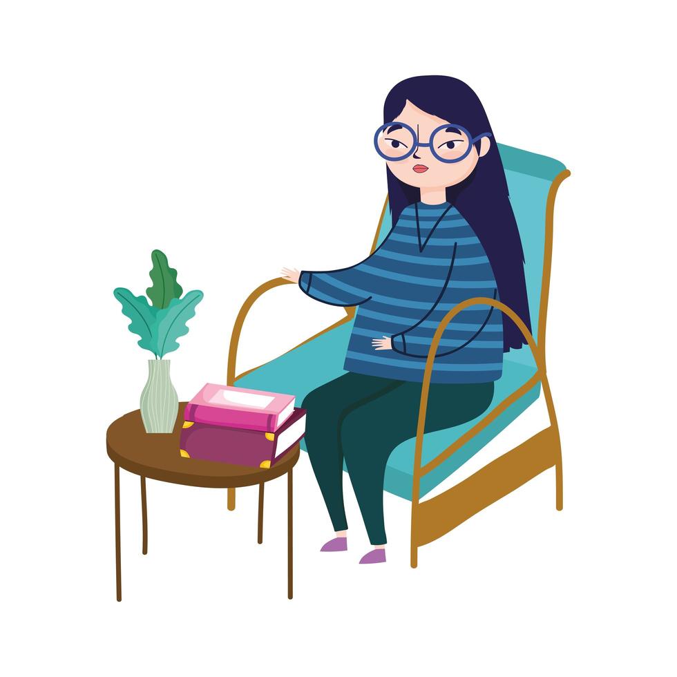 mujer joven, sentado, en, silla, mesa, con, libros, plantas, en, florero, decoración, libro, día vector