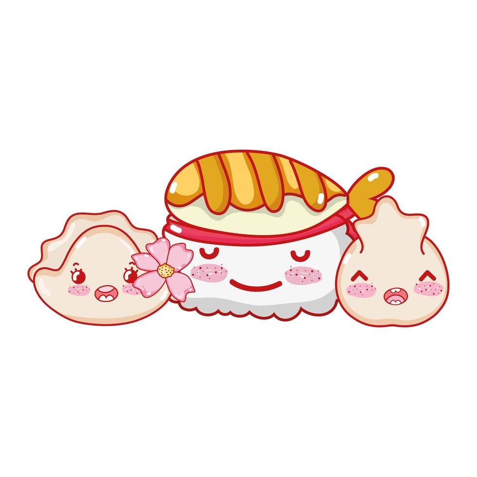 kawaii sushi dumpling and cookie with food japanese cartoon, sushi and rolls vector