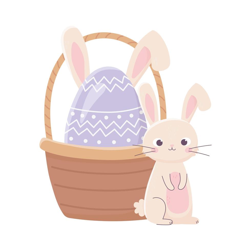 feliz día de pascua, lindo conejo y huevo con orejas en la decoración de la canasta vector