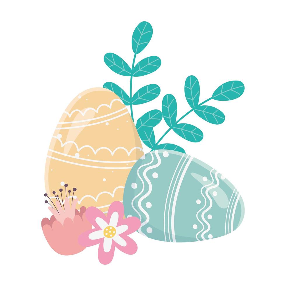 feliz día de pascua, huevos pintados adorno flores follaje decoraiton vector